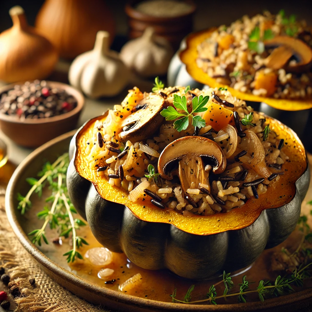 Courge farcie au riz sauvage et champignons