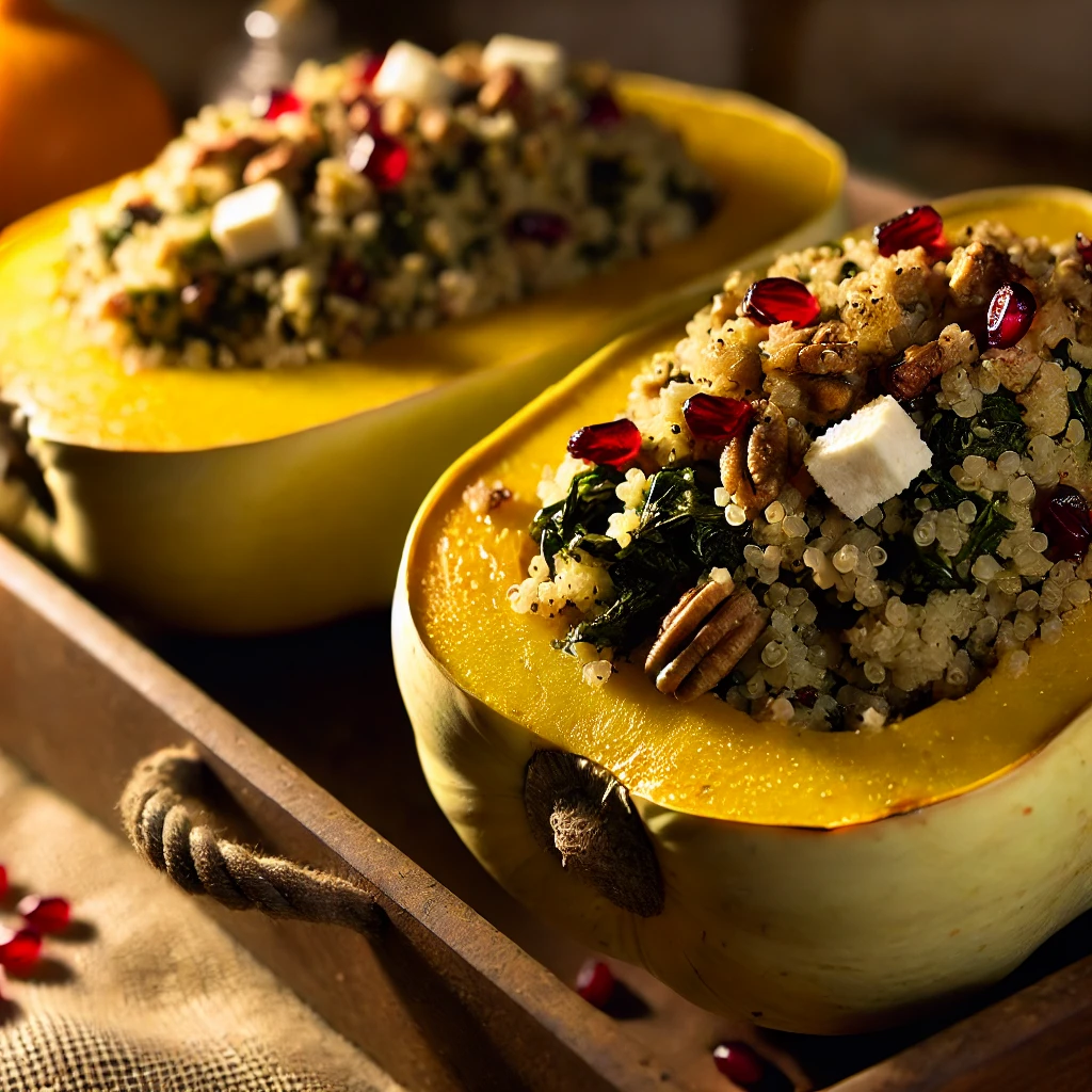 Courge farcie au quinoa, épinards et cranberries