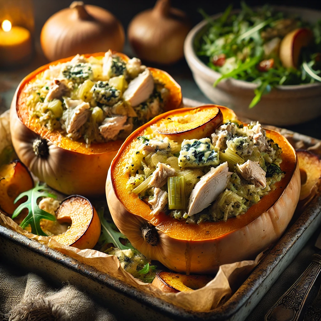 Courge farcie au poulet, poireaux et fromage bleu