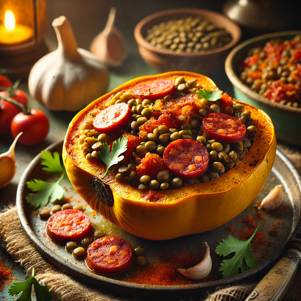 Courge farcie aux lentilles, chorizo et tomates