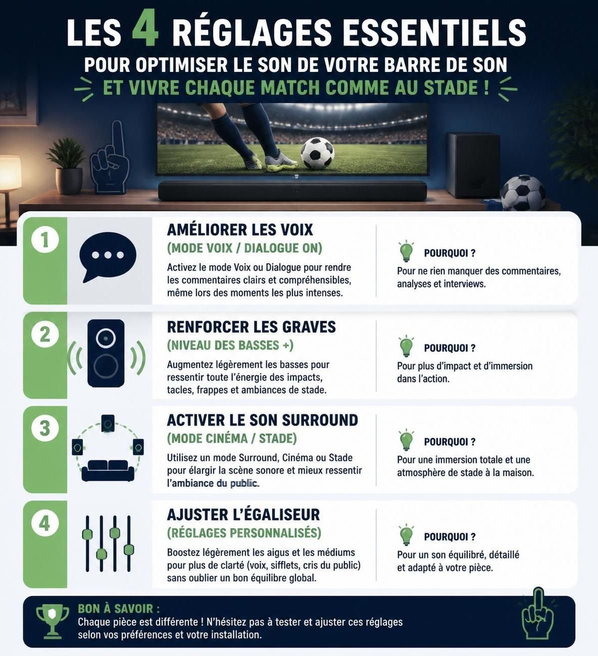 découvrez 4 réglages essentiels pour optimiser le son de votre barre de son et profiter pleinement du sport chez vous avec une qualité audio exceptionnelle.
