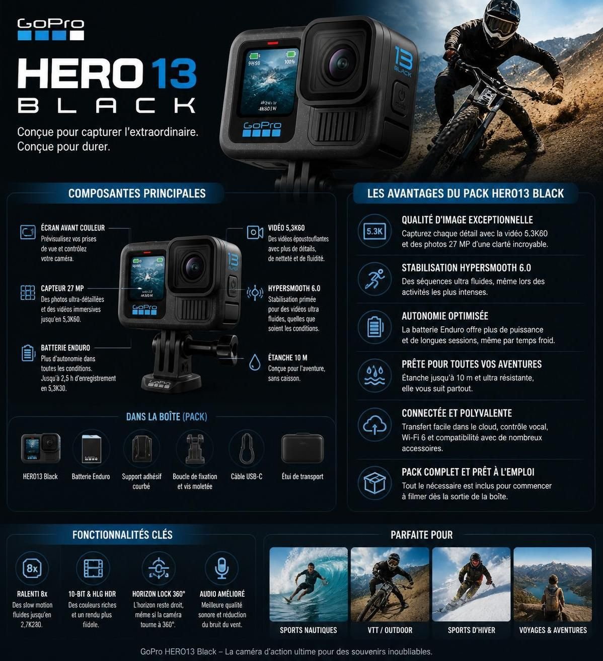 profitez de 100 $ de réduction sur le pack gopro hero13 black, l’outil parfait pour capturer vos moments d’aventure estivale avec une qualité exceptionnelle.