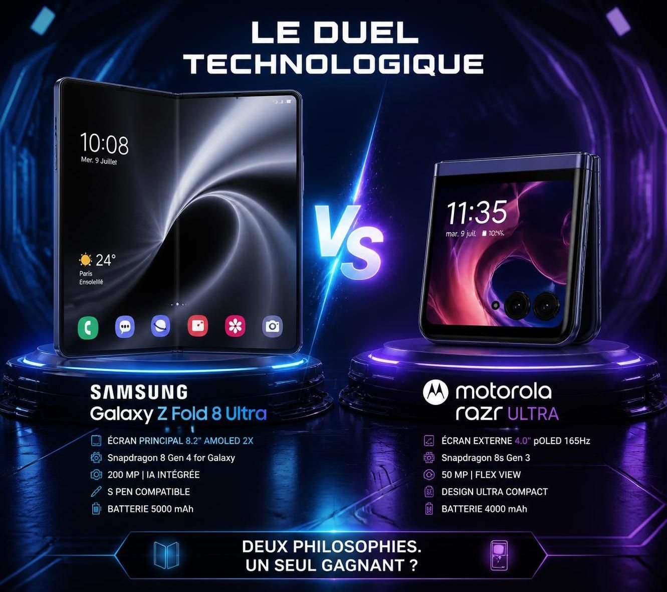 découvrez une analyse détaillée du duel entre les smartphones pliables samsung galaxy z fold 8 ultra et motorola razr ultra, comparant leurs caractéristiques, performances et innovations.