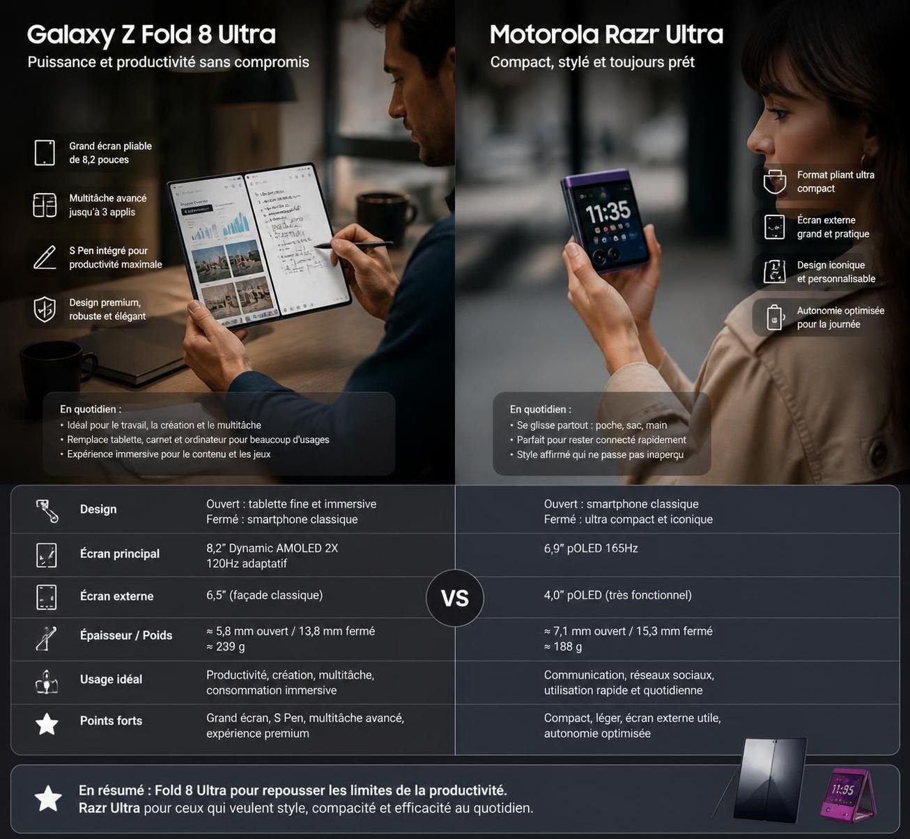 découvrez une analyse détaillée du duel entre le samsung galaxy z fold 8 ultra et le motorola razr ultra, les deux smartphones pliables haut de gamme, pour vous aider à choisir le meilleur appareil.