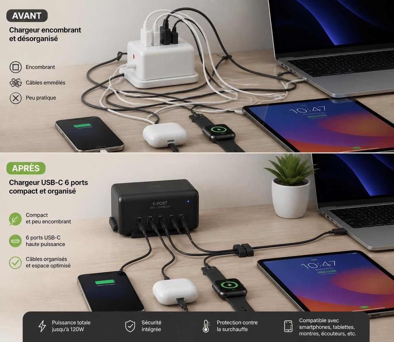 découvrez ce chargeur usb-c 6 ports qui remplace efficacement votre ancienne brique d'alimentation et alimente tous vos appareils de bureau en toute simplicité.