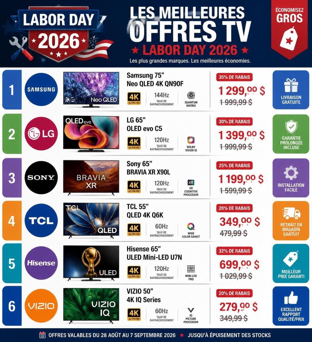 découvrez les meilleures offres tv pour le début du labor day 2026 : promotions exceptionnelles sur samsung, lg et bien plus. profitez de tarifs avantageux sur les dernières télévisions dès maintenant !