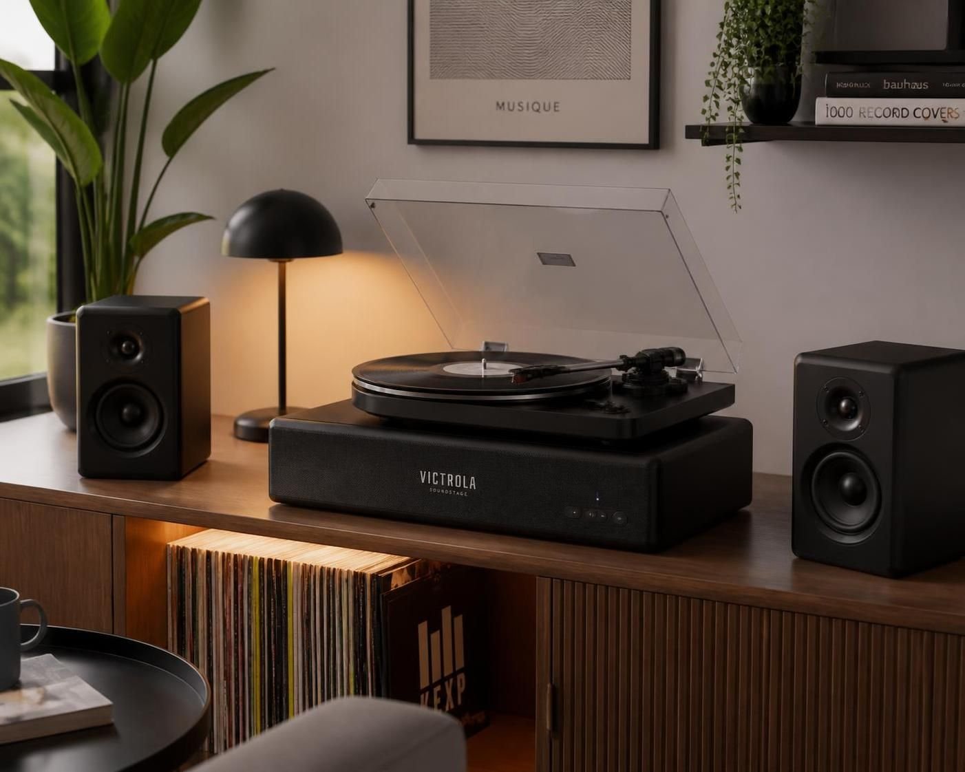 découvrez le victrola soundstage, la solution idéale quand vous manquez de place pour des enceintes bibliothèque. il se glisse parfaitement sous votre platine vinyle pour un son de qualité sans encombrement.