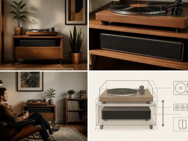 Pas de place pour des enceintes bibliothèque ? Le Victrola Soundstage se glisse parfaitement sous ma platine vinyle
